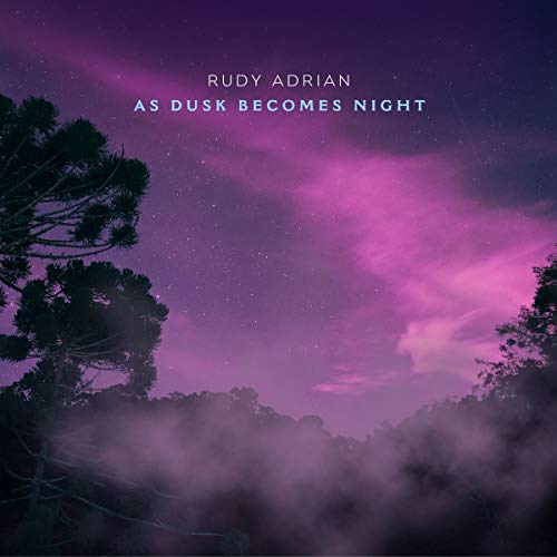 "Album cover with purple night sky, trees, and mist, titled 'As Dusk Becomes Night'."