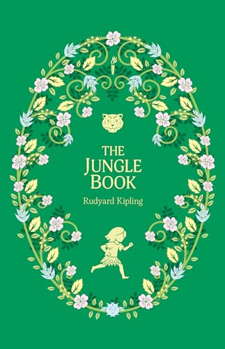 Green book cover with floral frame, tiger face, and running child.