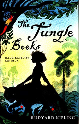 Silhouetted boy and panther on book cover for "The Jungle Books".