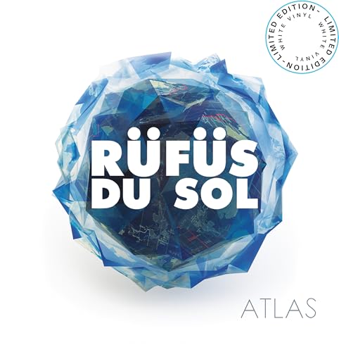 Rufus Du Sol “Atlas” vinyl record cover, abstract blue and white design.