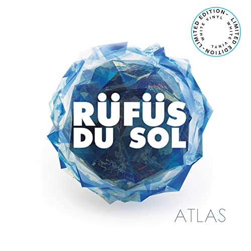 Album cover for Rufus Du Sol Atlas featuring a blue geometric sphere on white.