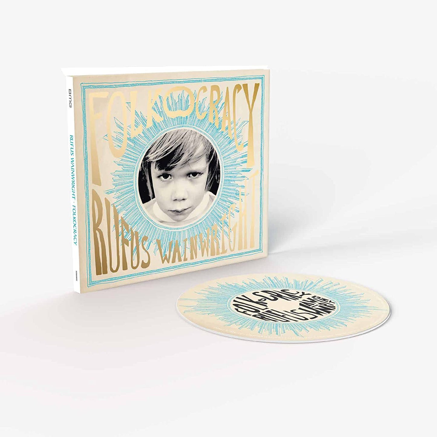 "CD case and disc with a child's portrait, blue and beige design."