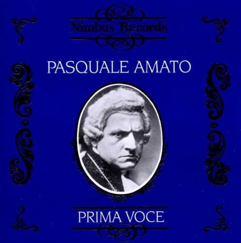 "Blue album cover with black and white portrait of Pasquale Amato surrounded by ornate designs."
