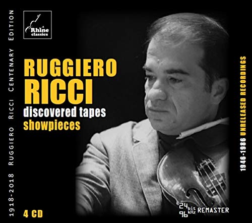 Black and white portrait of violinist Ruggiero Ricci holding a violin on CD cover.