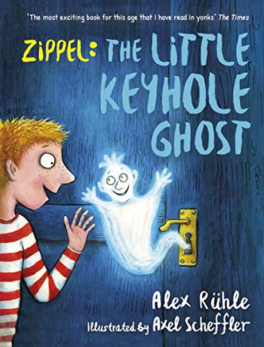 Boy and a small, translucent ghost float before a blue door.