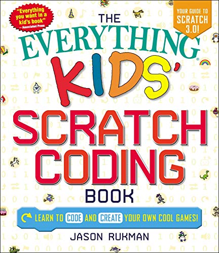 Book cover for "The Everything Kids' Scratch Coding Book" with colorful text.