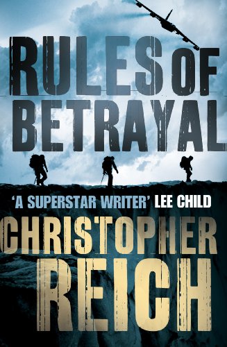 Book cover: "Rules of Betrayal" by Christopher Reich, with hikers and a plane.