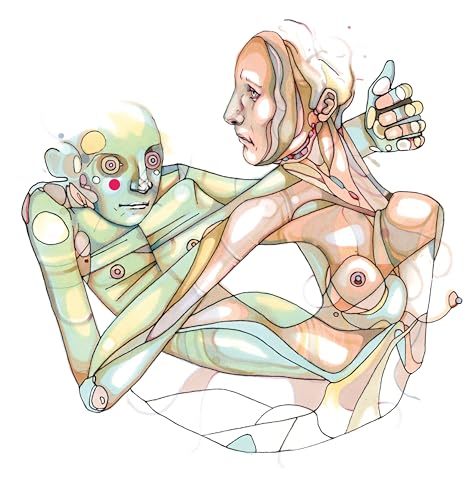 Illustration of two figures embracing, with robotic and anatomical details.