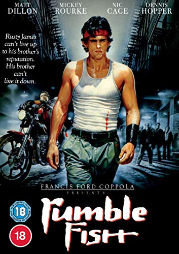 "Rumble Fish DVD cover featuring a man with a bruised face and blood on his shirt."