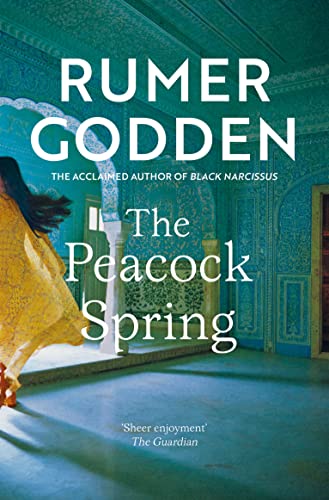 Book cover for “The Peacock Spring” with a woman in yellow and blue tiles.