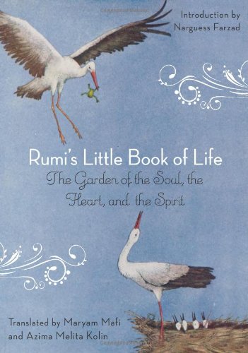 Book cover with birds and a garden scene, titled "Rumi's Little Book of Life.