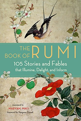 Book cover with bird illustration, floral designs, and title "The Book of Rumi.
