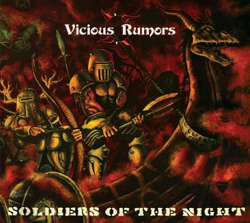 Album cover: armored warriors and a dragon in a fiery landscape.