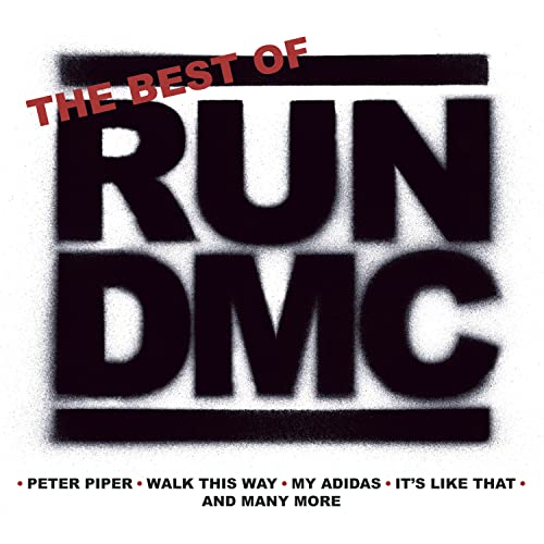 The Best of Run DMC album cover with black spray-painted text on white background.