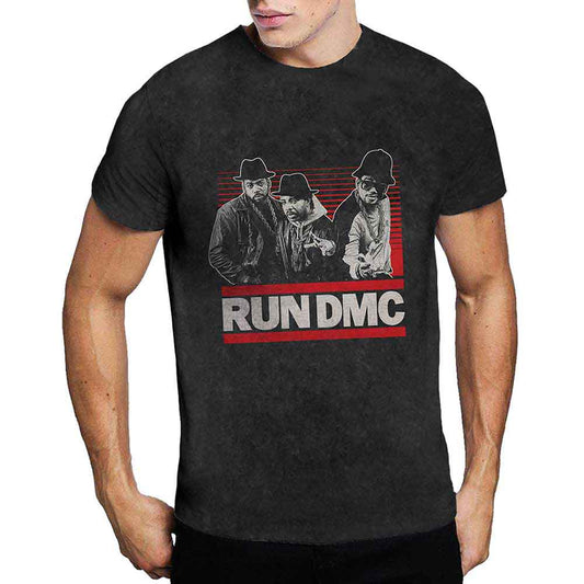 Black Run DMC t-shirt featuring the group members and logo over red horizontal bars.