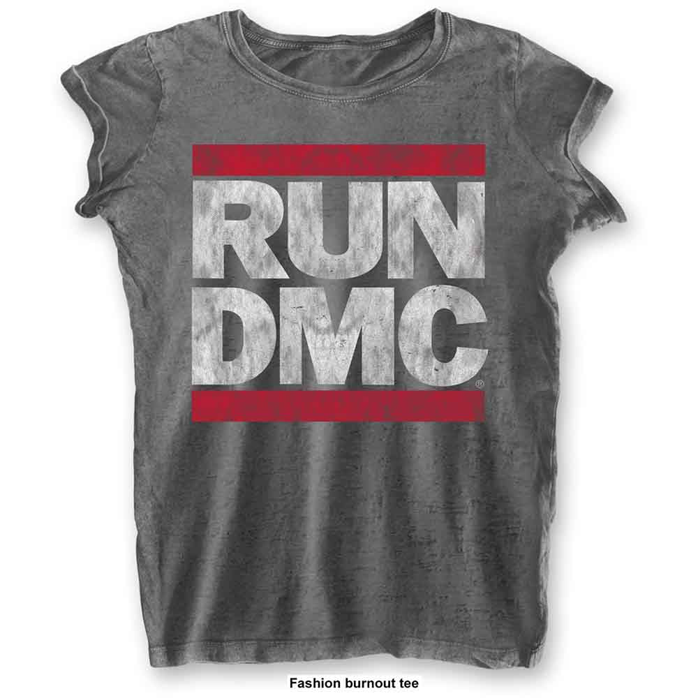 Gray burnout t-shirt with red and white "RUN DMC" logo print.