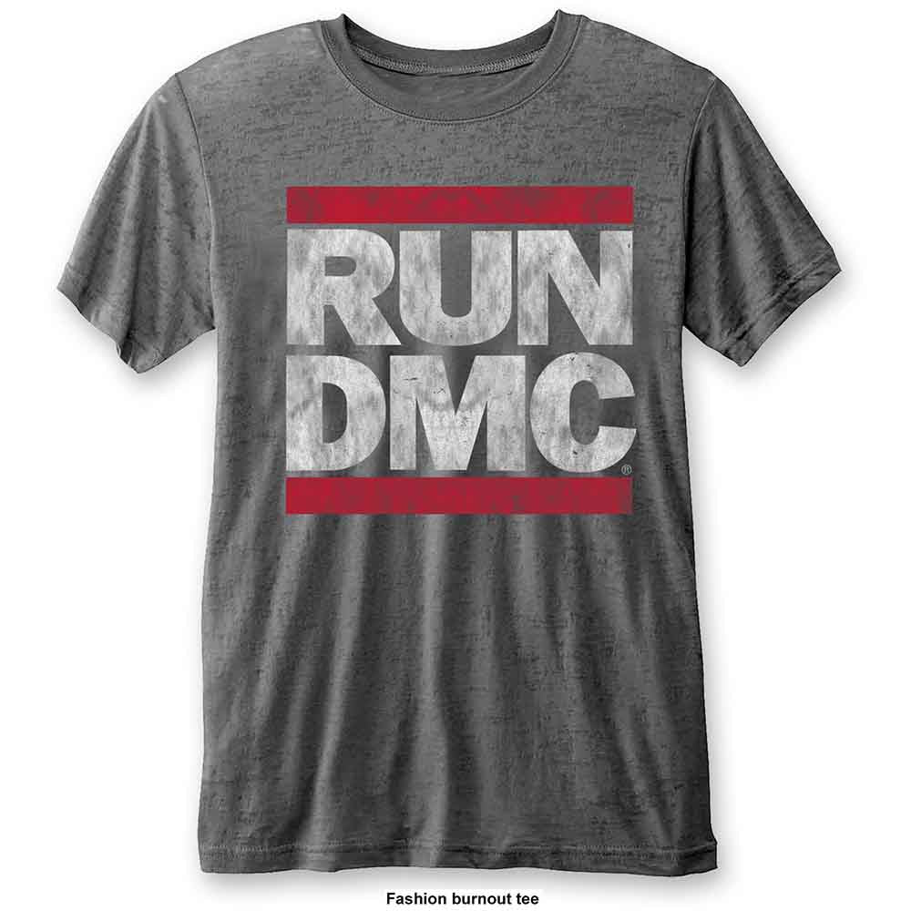 Grey burnout t-shirt with red and white Run DMC logo print.