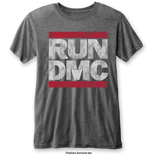 Grey burnout t-shirt with red and white Run DMC logo print.