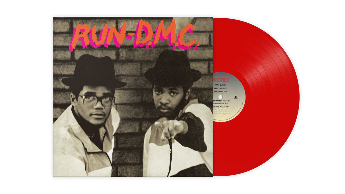 Run-DMC album cover with two men in hats and a red vinyl record.