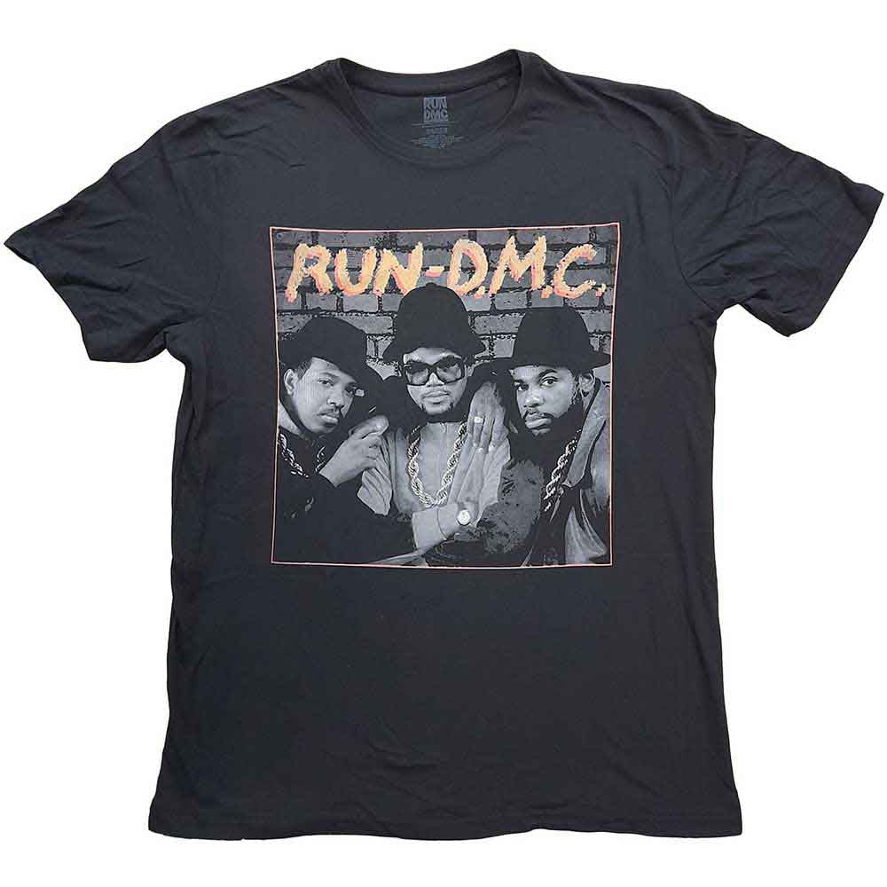 Black and white graphic t-shirt featuring a photograph of the hip-hop group Run DMC.