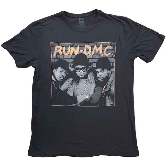 Black and white graphic t-shirt featuring a photograph of the hip-hop group Run DMC.