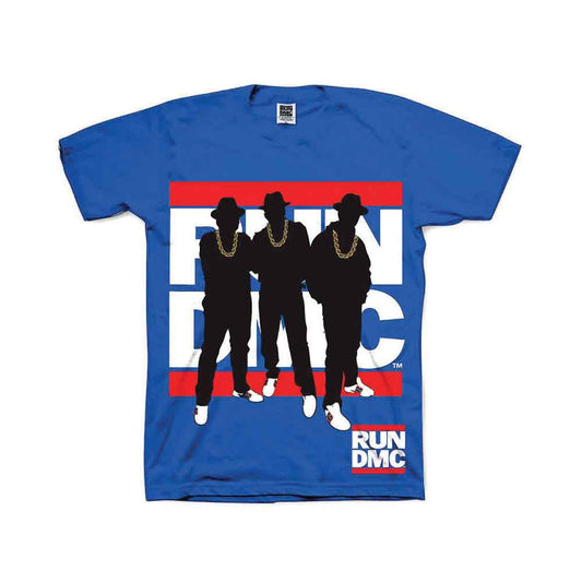 Blue t-shirt with black silhouette of Run DMC against a red and white block.