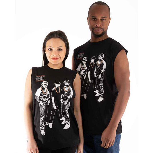 Black vest t-shirt with a photo of Run DMC wearing gold chains.