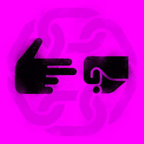Black hand and question mark on bright pink background with circular design.