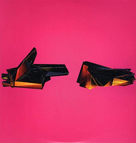Pink background with black and gold geometric hand shapes pointing.