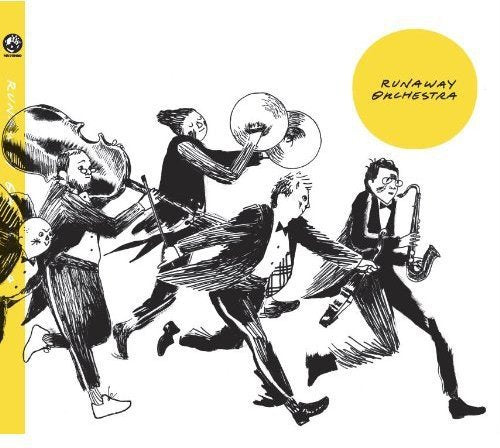 "Album cover featuring black and white illustration of four musicians running with instruments."