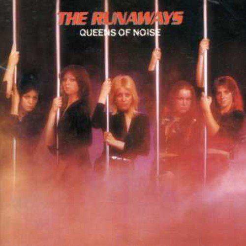 "CD album cover featuring The Runaways holding poles, red-toned image, Queens of Noise title."