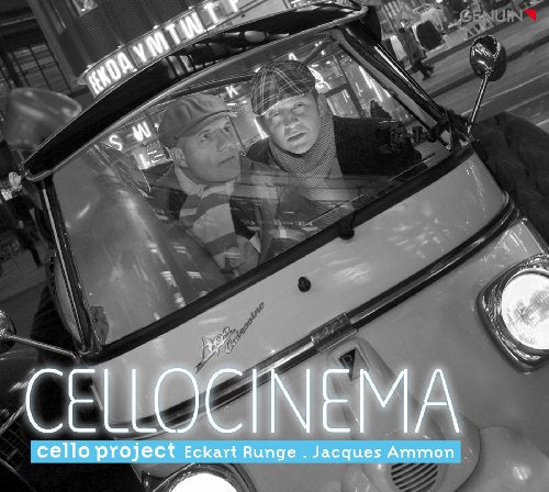 Black and white photo of two men in a small vehicle, album cover.