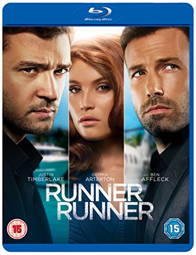 Runner Runner" Blu-ray cover featuring Timberlake, Arterton, and Affleck.