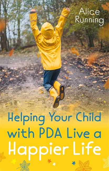 Book cover with a child in a yellow raincoat jumping on a path.