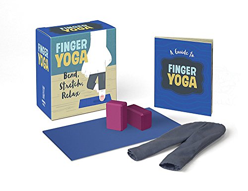 Miniature finger yoga kit with cards, blocks, mat, and sock sleeves.