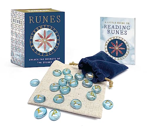 Rune set with blue stones, drawstring bag, and guidebook box.