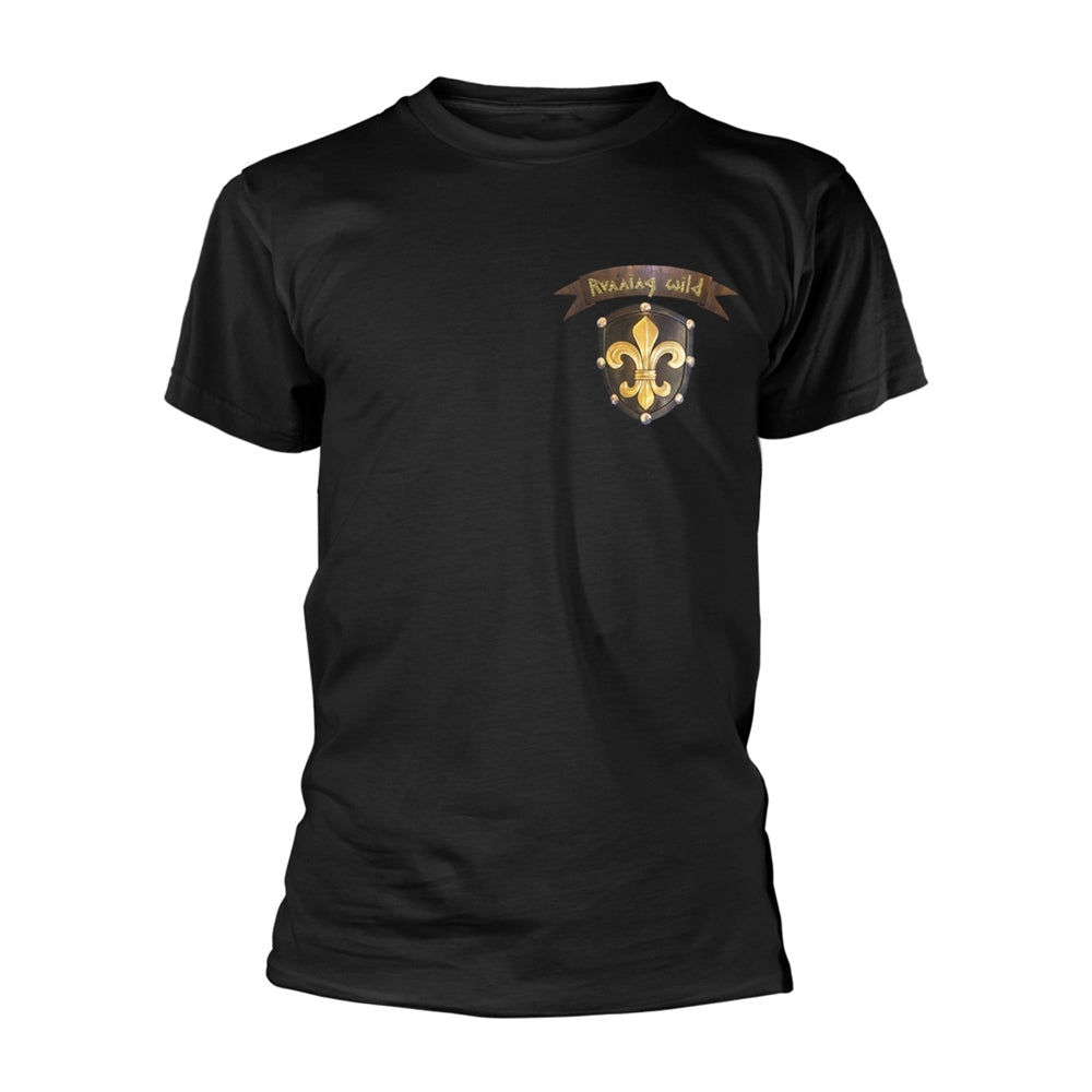 Black t-shirt with a shield and fleur-de-lis design on the chest.