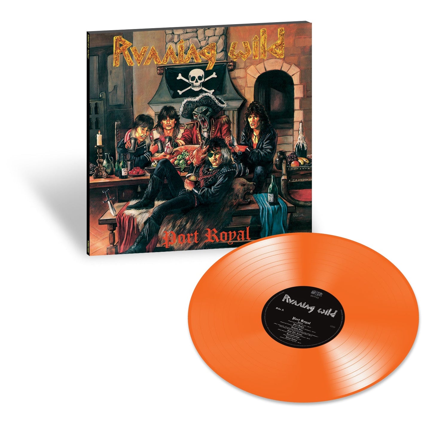"Orange vinyl record with black label and album cover featuring pirate-themed illustration."