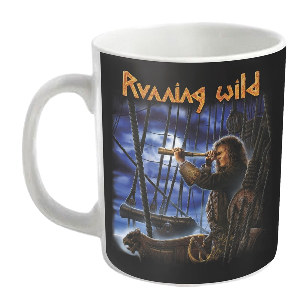 White ceramic mug with pirate ship and “Running Wild” text design.