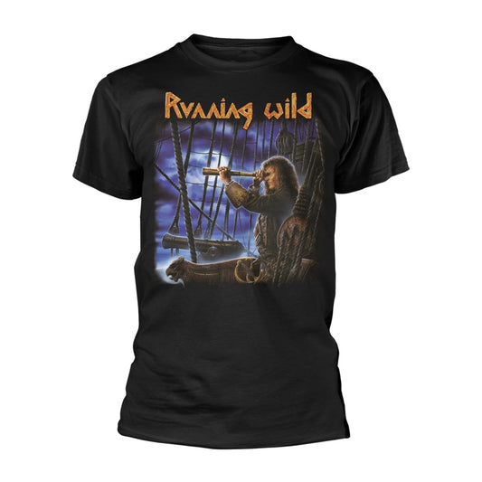 Black t-shirt with a pirate ship and captain illustration.