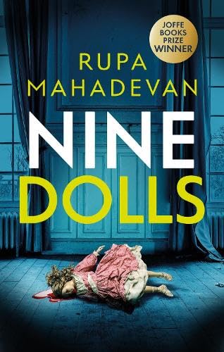 Book cover: “Nine Dolls” with a prone figure and blue tones.