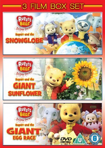 Rupert the Bear 3-film DVD box set cover featuring characters and episode titles.