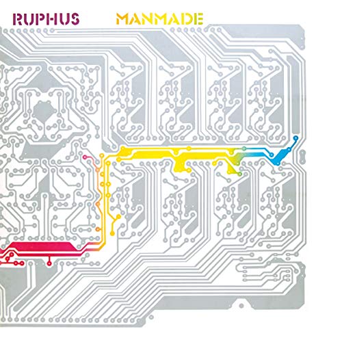 Ruphus “Manmade” album cover: circuit board design with colorful pathways.
