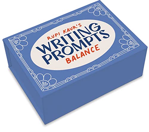 Blue box titled Rupi Kaur's Writing Prompts Balance with white floral line art borders.