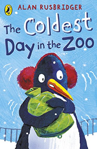 Penguin with red earmuffs and green scarf on a blue background.