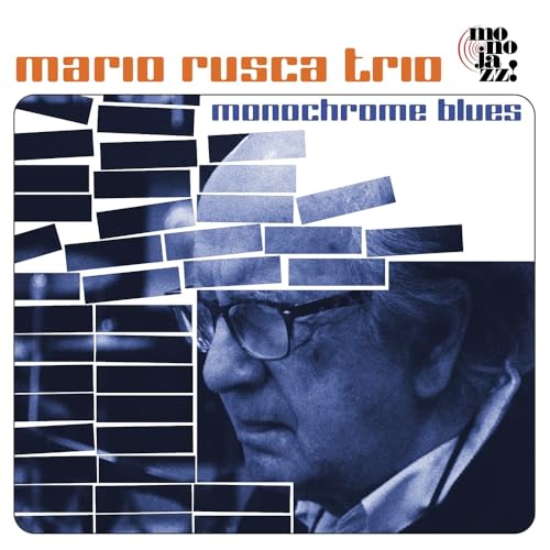 Album cover for “Monochrome Blues” by Mario Rusca Trio, featuring a portrait.