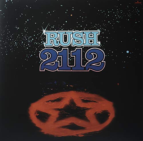 Rush’s “2112” vinyl album cover with blue title and red starburst.