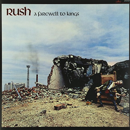 Album cover: "Rush - A Farewell to Kings" depicts ruins and a reclining figure.