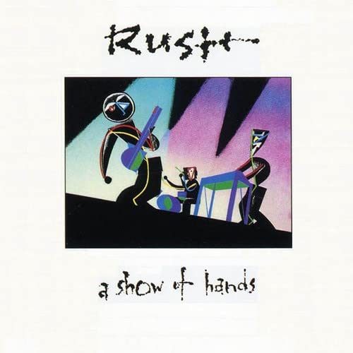Rush album cover, "A Show of Hands", abstract figures with instruments.