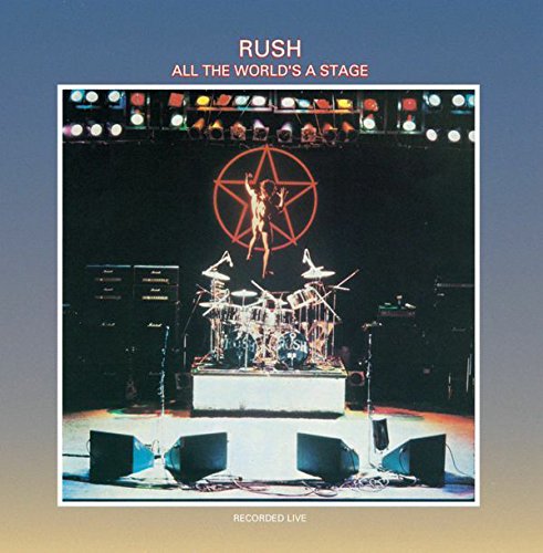 Rush album cover: stage with red star and drum kit.